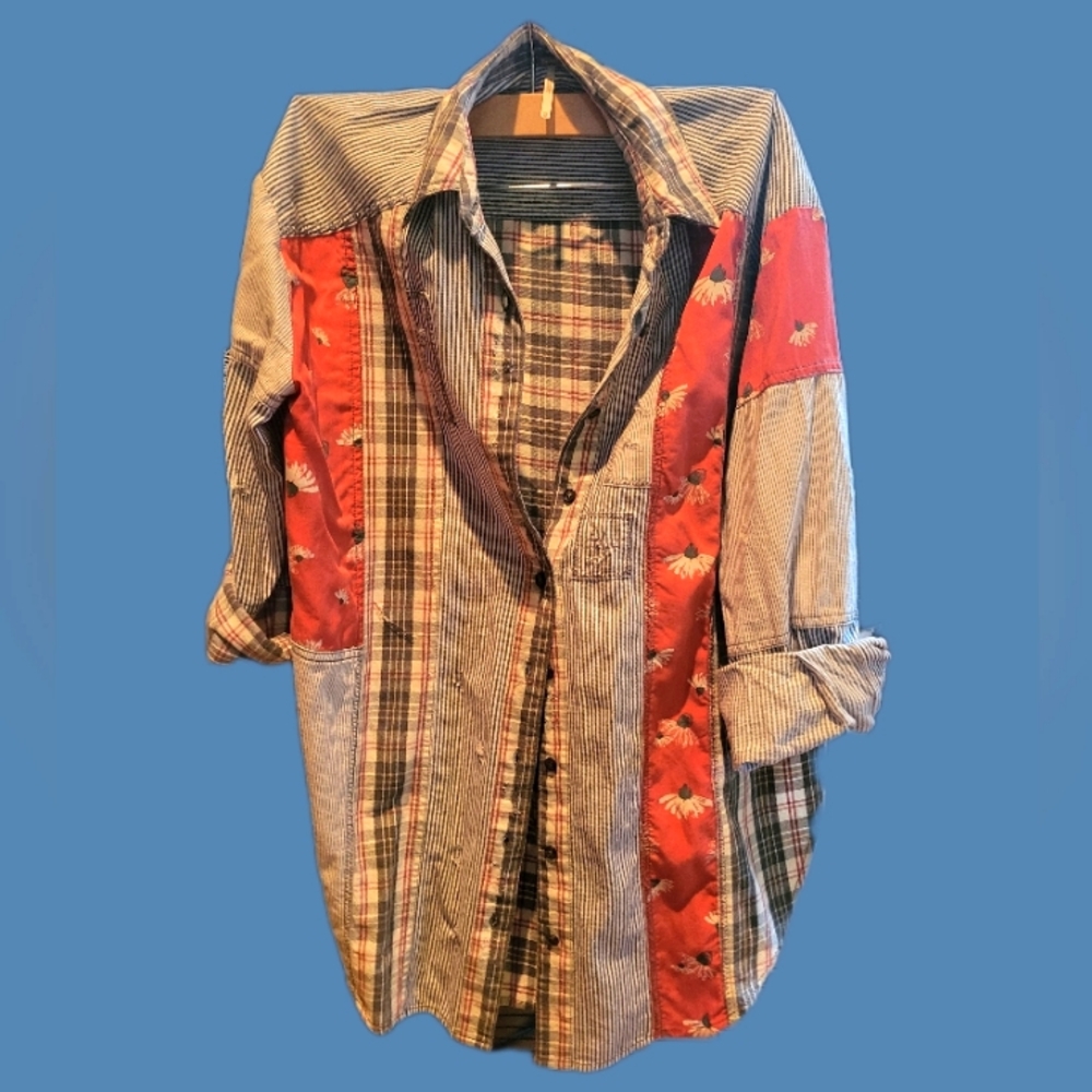 Free People Distressed Patchwork Button Down Xs - image 1